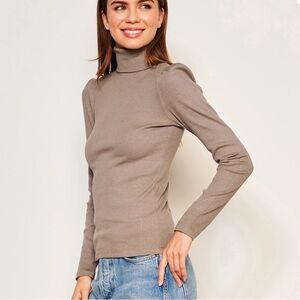 Sundry Puff Sleeve Turtleneck Long Sleeve Top in Taupe